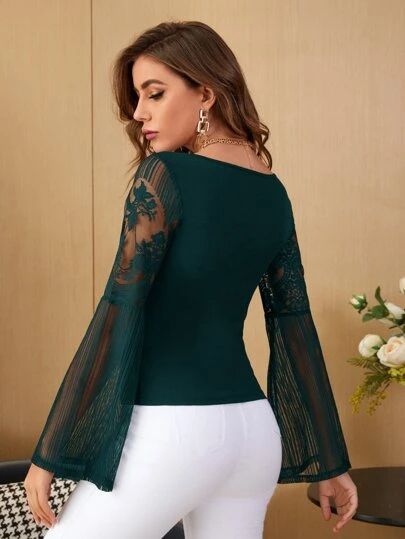 Search emerald green | SHEIN USA Chiffon Bridesmaid Dress, Make You Feel, Lace Detail, Womens Tees, Bell Sleeve Top, Long Sleeve Blouse, Chiffon, Bridesmaid Dresses, V Neck