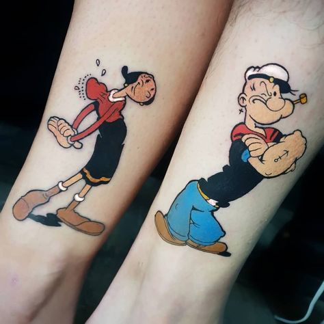 Cartoon Couple Tattoos Ideas, Popeye And Olive Tattoo, Popeye Tattoo Design, Couples Cartoon Tattoos, Couple Tattoos Cartoon, Matching Tattoos Cartoon, Popeye Tattoo Old School, Matching Cartoon Tattoos, Couple Tattoos Disney