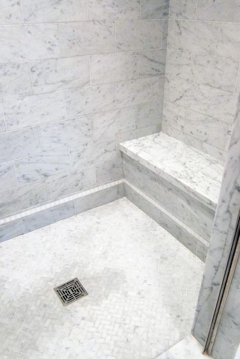 Carrara Marble Subway Tile Bathroom, Carrara Marble Bathroom Floor, Mosaic Floor Bathroom, Marble Shower Floor, Small Restroom, Carrara Bathroom, Mosaic Shower Floor, Carrera Marble Bathroom, Shower Marble