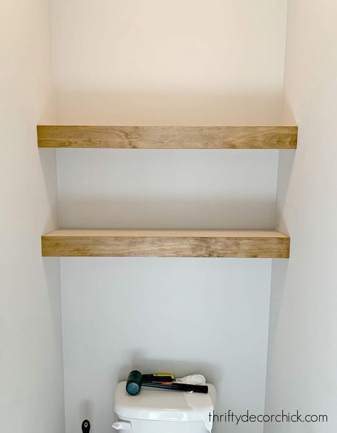 Shelves Behind Toilet, Floating Shelves Over Toilet, Shelves Above The Toilet, Floating Wood Shelves, Diy Shelves Bathroom, How To Make Floating Shelves, Above Toilet, Bathroom Wood Shelves, Shelves Above Toilet