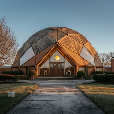 Discover the timeless appeal of this mid-century modern geodesic dome house. Featuring a striking geometric design with warm, earthy tones, this unique home stands out with its bold panels and grand entrance. Surrounded by a meticulously landscaped garden, the elegant facade and expansive windows blend classic style with modern innovation, making it perfect for design enthusiasts who appreciate sophisticated and innovative architecture. Dome Architecture Design, Triangle Building Architecture, Geodesic Architecture, Polygon Architecture, Unique Architecture House, Dome House Design, Dome House Interior, Geodesic Homes, Dome Cabin