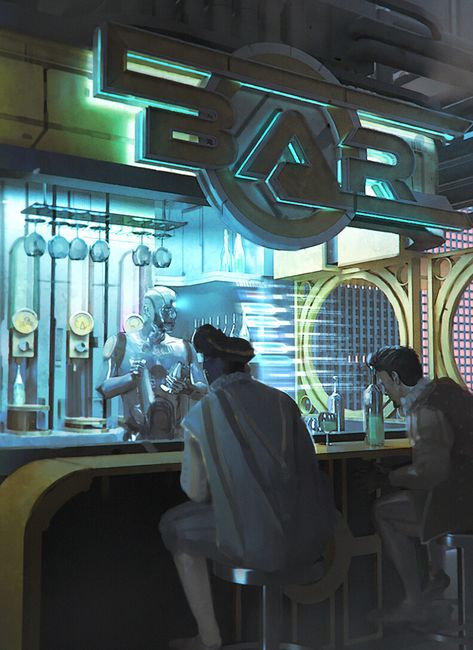 ArtStation - Bar, Franklin Chan Sci Fi Bar Concept Art, Space Bar Concept Art, Restaurant Concept Art, Sci Fi Bar, Futuristic Diner, Scifi Bar, Cyberpunk Bar, Futuristic Restaurant, Futuristic Bar