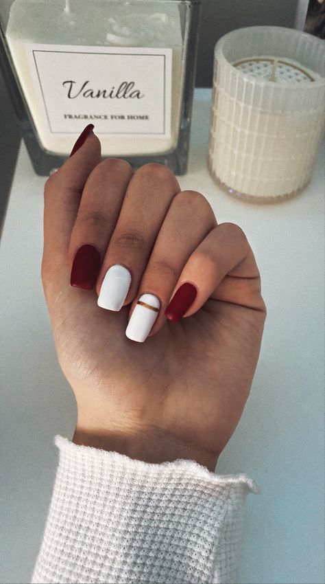 White Nail With Red Design, Red And White Matte Nails, Red Nails Accent Nail, Simple Nail Designs Red And White, Maroon White Nails, Simple Nails Red And White, Maroon And White Nails Acrylic, Red And White Manicure, Simple Red And White Nail Ideas