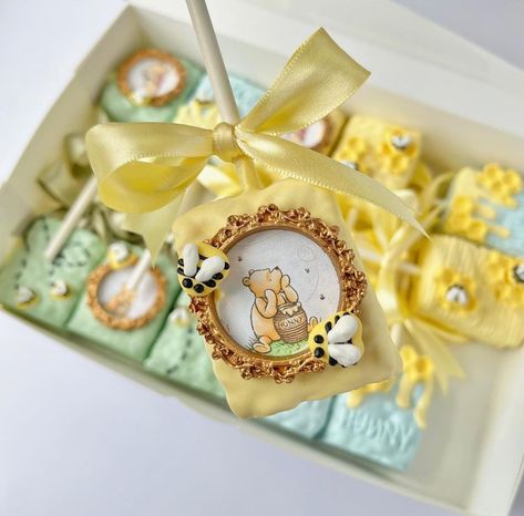 Winnie the Pooh party package for a baby shower🍯🐝 • Includes: Oreos, Rice Krispie treats, and pretzel rods ✨ • Truly appreciate my client s… | Instagram Vintage Winnie The Pooh Desserts, Winnie The Pooh Pretzels, Vintage Winnie The Pooh Treats, Rice Krispie Treats Baby Shower Blue, Winnie The Pooh Pretzel Rods, Winnie The Pooh Oreos, Winnie The Pooh Cakesicles, Winnie The Pooh Rice Crispy Treats, Winnie The Pooh Treats