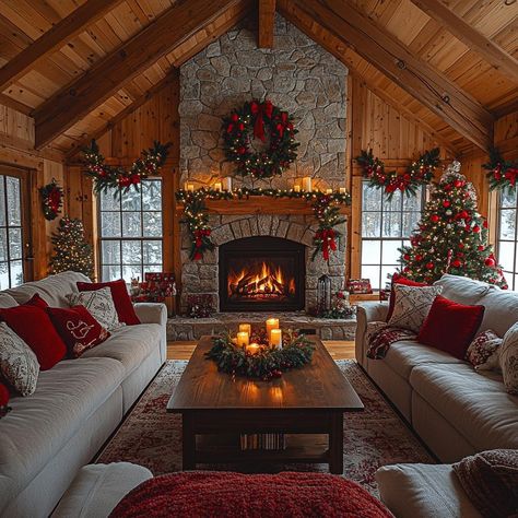 Log Home Fireplace, Vaulted Sunroom, Christmas Living Room Ideas, Honeycomb Wallpaper, Living Room Ideas Cozy, Room Ideas Cozy, Cabin Fireplace, French Country Christmas, Cozy Log Cabin