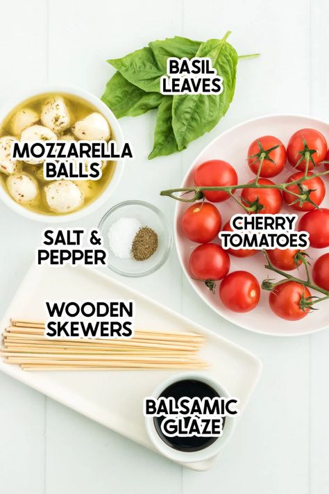 These easy caprese skewers combine tomato, mozzarella, and basil with a little balsamic glaze for one of the most fresh and delicious appetizers! Tomato Skewers Appetizers, Caprese Appetizers Sticks, Easy Caprese Skewers, Mozzarella And Tomato Skewers, Caprese Board Ideas, Motzerella Balls And Tomatoes Balsamic, Tomato Mozzarella Basil Skewers, Caprese Charcuterie Board, Mozzarella And Tomato Appetizer