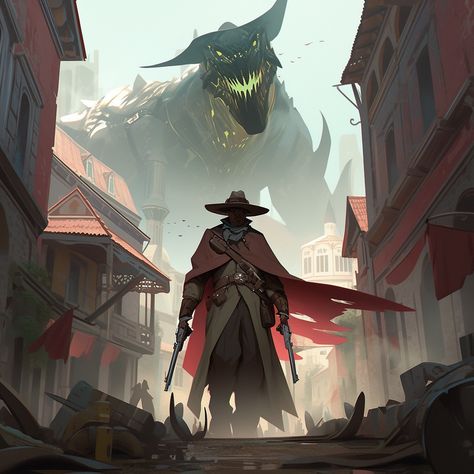 Faceless gunslinger sheriff standing in the center of an old Western town road with a massive gargantuan beast in the background wearing a large comboy hat. Western Scenes Art, Cowboys Concept Art, Old West Fantasy Art, Sheriff Concept Art, Fantasy Western Aesthetic, Fantasy Western Art, Fantasy Sheriff, Cowboy Dnd Character, Wild West Fantasy Art