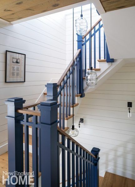 Painted Banister, Blue Banisters, Farmhouse Tour, Painted Staircases, Stair Banister, House Elements, Gravel Patio, Pea Gravel, New England Homes