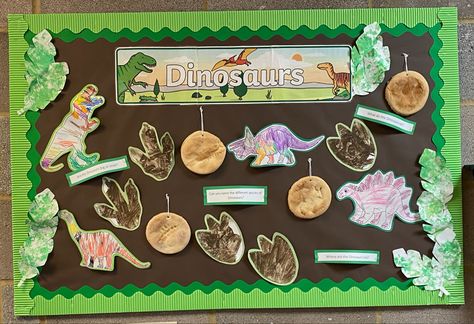 EYFS Dinosaur display with salt doigh fossils Dinosaur Display Eyfs, Dinosaur Display Ideas, Dinosaur Display, Outdoor Classroom, Display Board, Wall Display, Loving U, School Ideas, Dinosaurs