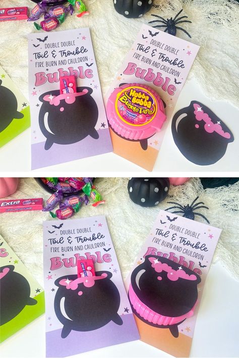 Double Bubble Toil And Trouble, Bubble Halloween Favors, Two Spooky Party Favors, Bubble Bubble Toil And Trouble, Halloween Diy Gifts For Coworkers, Cauldron Favors, Halloween Party Treat Bags, Halloween Treats Classroom, Halloween Class Treat Ideas