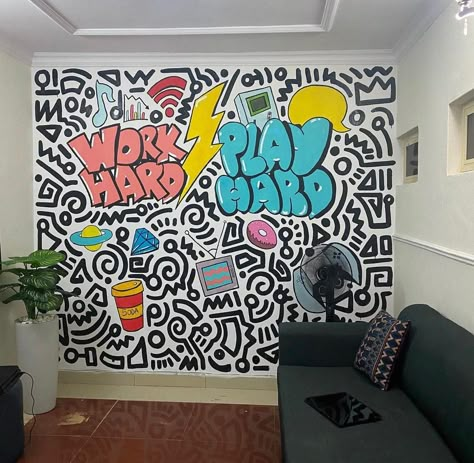 Doodle Wall Art, Noodle Art, Diy Room Decor Videos, Abstract Art Paintings Acrylics, Urban Street Art, Art Therapy Activities, Graffiti Murals, Wall Drawing, Gamer Room