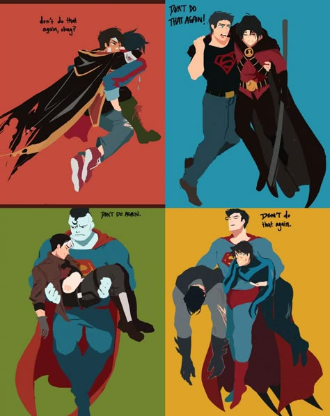 Bat Family And Super Family, Batman And Superman Friendship, Nightwing And Superboy, Batfamily And Superfamily, Super Sons Fanart, Batman And Robin Fanart, Superman X Batman Comic, Bat Family Comics, Batman Family Cute