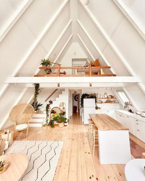 15 A-Frame House Interior Ideas to Inspire You A Frame Art Studio, A Frame Kitchen, Aframe Cabins, A Frame House Interior, A-frame Interior, House Interior Ideas, Natural Stone Fireplaces, Frame Interior, A Frame Cabins