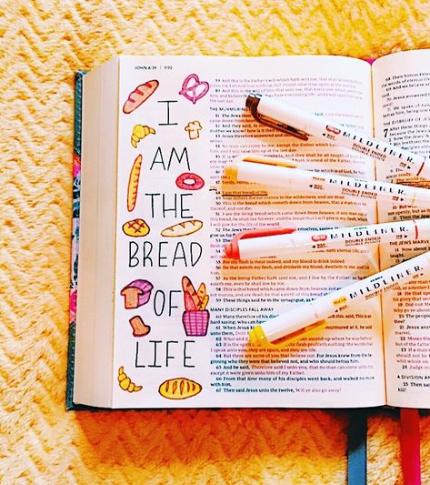 Aesthetic Bible Drawing, Bible Journaling Thanksgiving, Bible Verse Art Doodles Lettering, The Jesus Bible Journaling, John 5 Bible Journaling, Bible Journaling Art Ideas, I Am The Bread Of Life, John 6 Bible Journaling, Book Of John Bible Journaling