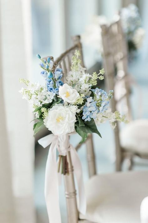 Blue And White Wedding Ceremony Flowers, Dusty Blue And White Bridal Bouquet, Blue And White Aisle Flowers, French Blue Wedding Flowers, Blue And White Ceremony Flowers, Light Blue Floral Wedding, Wedding Blue Hydrangeas, Wedding Floral Arch Outdoor, Blue Flower Wedding Centerpieces