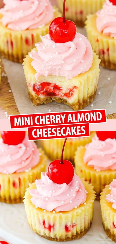 These Mini Cherry Almond Cheesecakes are made with an almond filling studded with maraschino cherries and topped with cherry flavored whipped cream! It’s a flavor combination that I love and is so refreshing! Almond Filling, Mini Cheesecakes Easy, Flavored Whipped Cream, Mini Cheesecake Recipes, Maraschino Cherries, Cherry Almond, Cherry Recipes, Cheesecake Desserts, Oreo Dessert