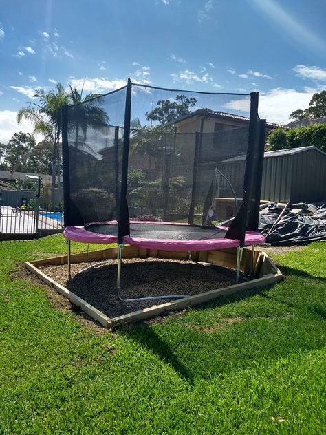 Trampoline pad with retaining walls Trampoline Privacy, Trampoline On Sloped Yard, Trampoline Pad, In Ground Trampoline, Landscape Borders, Sloped Yard, Kb Homes, Outdoor Play Area, Yard Project