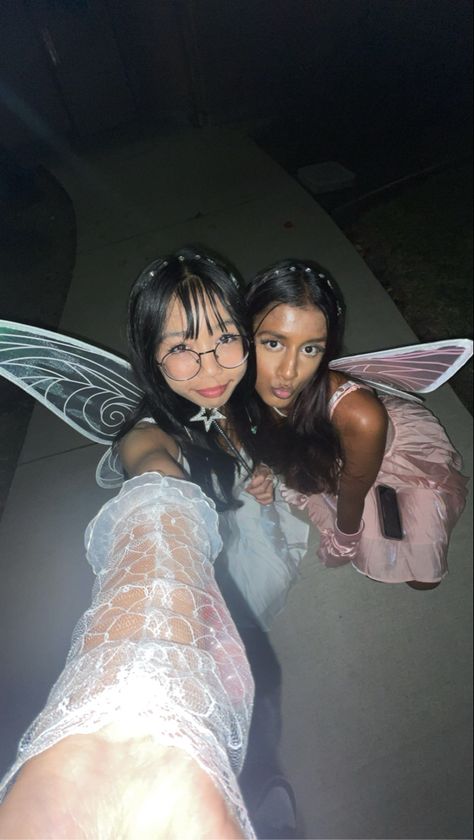 Fairy Duo Halloween Costumes, Brunette Duo Costumes, Fairy Duo Costume, Trio Fairy Costumes, Cute Pink Halloween Costumes, Two Piece Fairy Costume, 3 Person Costume, Friend Costume Ideas Two, Blonde And Brunnete Girl Duo Halloween