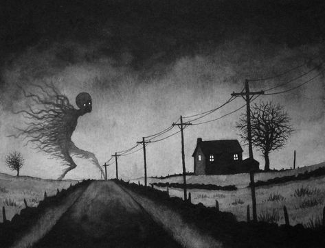 Scary Watercolor Paintings, Country Witch, Dark Scenery, Abyss Art, Monochromatic Watercolor, John Kenn, Dark Watercolor, Creepy Vintage, Dark Street