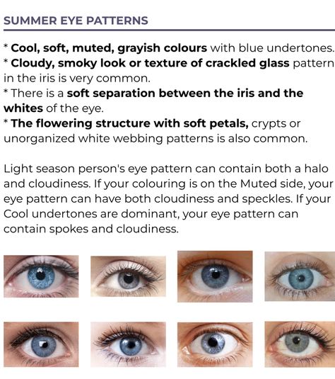 Summer Eye Patterns, Summer Eye Pattern Color Analysis, True Summer Eyes, Eye Pattern Color Analysis, Face Color Palette, Season Palette, Dusk Summer, Summer Skin Tone, Color Analysis Summer