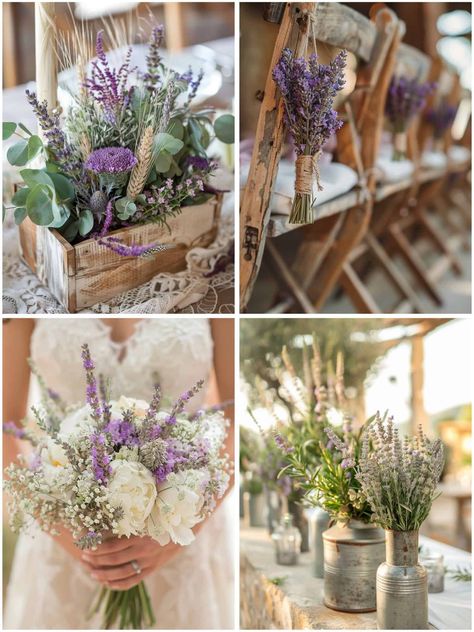 Lavender And Sage Wedding Colors Wedding Ceremony Decor, Lavender And Sage Table Setting, Lavender Green Wedding Theme, Rustic Lavender Wedding Ideas, Purple Rustic Wedding Decor, Olive Green And Lavender Wedding, Lavender Wedding Table Decor, Lavender Beach Wedding, Lavender Theme Wedding