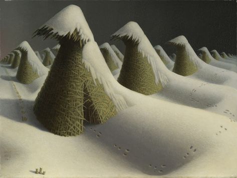 Painting of snow covered straw huts. Grant Wood Paintings, Grant Wood American Gothic, Wood Paintings, Artist Grants, Thomas Hart Benton, Painting Simple, Grant Wood, American Gothic, Cleveland Museum Of Art