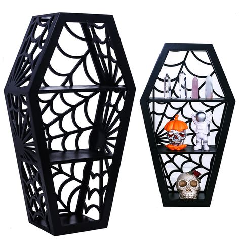 PRICES MAY VARY. 【A Spooky Addition to Your Home】: Whether you’re looking to capture the whimsical Halloween spirit in your home or you simply want to better organize your makeup, figurines or crystal collection, the CEFLITECO gothic room decor makeup shelf is the perfect solution! 【Sturdy Craftsmanship】: Our spooky decor gothic shelves are made employing finest quality, sturdy materials, a combination of premium wood and smooth finishes, being easy to clean and designed to last for many years. Gothic Shelves, Spooky Wall Decor, Coffin Shelf, Gothic Room, Decor For Bathroom, Spooky Home Decor, Goth Accessories, Gothic Furniture, Whimsical Halloween