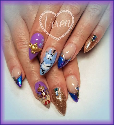 Princess Jasmine Nail Art, Jasmine Nail Art, Aladdin Nail Art, Genie Nails, Disney Movie Nails, Aladdin Nails, Movie Nail Art, Aladin Disney, Amethyst Nails