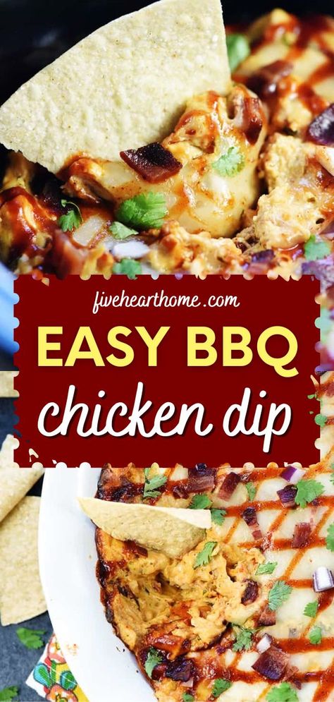 Here's a party appetizer that's easy to make using the slow cooker stovetop, or oven! Creamy, cheesy, and loaded with the good stuff, this BBQ chicken dip recipe is addictive. Save this game day food idea! Pulled Chicken Dip, Bbq Chip Dip, Bbq Cheese Dip, Grill Dip Recipes, Crock Pot Party Dips, Easy Dips For Bbq, Hot Chicken Dip Crockpot, Bbq Dips Appetizers Parties, Dip With Shredded Chicken