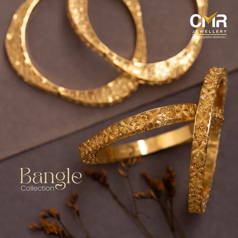 This uniquely shaped pair of gold bangles will certainly make heads turn. Intricate floral design, crafted in plain gold, increases their beauty quotient . . . #antiquebangles #bangle #weddingbangles #goldbangles #kundanbangles #weddingjewellery #goldkadas #bangledoftheday #kadalover #elegantkada #elegantjewelry #bangles #cmrwomen #latestjewellery #onlinejewellery #banglelovers #banglelove #kadajewelry #cmrjewellery #yourfamilyjeweller Gold Bangles Design Unique, Gold Bangles Design Unique Latest, Solid Gold Bangle, Wedding Jewellery Designs, Unique Gold Jewelry Designs, Kundan Bangles, Gold Bridal Jewellery Sets, Wrist Jewelry, Bangles Design