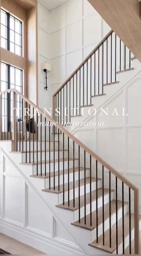 Staircase Molding, Hunt House, Wainscoting Stairs, Transitional Staircase, Staircase Wall Decor, Staircase Railing Design, House Staircase, Entry Stairs, Staircase Remodel