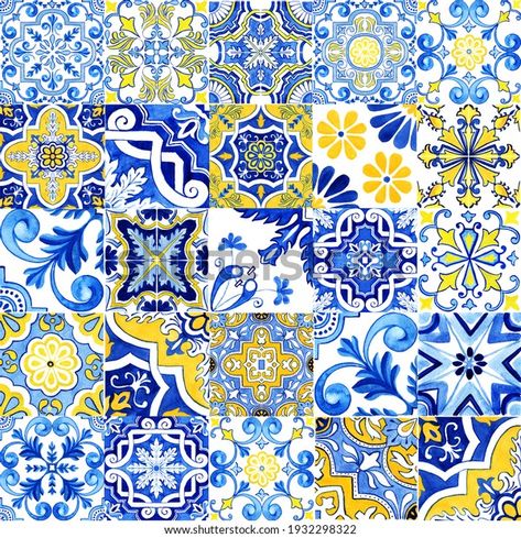 Blue And Yellow Prints, Amalfi Coast Pattern, Yellow Prints, Azulejos Tiles, Yellow Tile, Cake Printing, Italian Tiles, Cat Air, Tile Print