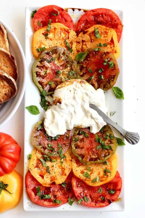 Burrata and Heirloom Tomatoes with Toasted Bread The Baker Mama, Baker Mama, Mushroom Appetizer Recipes, Heirloom Tomato Recipes, Tomato Appetizers, Burrata Recipe, Summer Foods, Toasted Bread, Heirloom Tomato