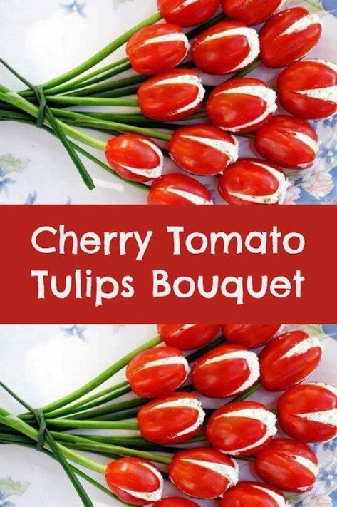 The perfect appetizer for your party or also great for Valentine's Day. #easy #healthy #love #funfood #appetizer #fun Wedding Food Appetizers, Tomato Tulips, Food Layout, Tulips Bouquet, Food Appetizers, Tulip Bouquet, Cherry Tomato, Fun Foods, Valentines Food