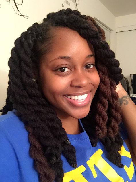 Jumbo yarn twists (8 strings per twist) Yarn Twist Hairstyles Short, Twists Inspiration, Yarn Braids Hairstyles, Yarn Twist Braids, Yarn Braids Styles, Yarn Twists, Brazilian Wool Hairstyles, New Natural Hairstyles, Yarn Twist