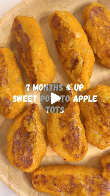 Natalie | Motherhood | Recipes on Instagram: "7 months & Up Sweet Potato Apple Tots 🍎  These tots are made with just 4 ingredients and are a perfect recipe when starting to transition from purées to solids, they come out super super soft and so flavorful that your little one will surely enjoy it. If you’re a mom that’s a little worried in transitioning this really is a great recipe to start with, they are easily digested and the texture makes it easy for the little ones to swallow.   Ingredients:  1 sweet potato 🍠  1 apple 🍎  3 tbsp flour of choice  OPTIONAL: sprinkle of cinnamon  A little melted butter for brushing 🧈  -Wash, peel and cut your apple and sweet potato  -Steam for 15 min  -When ready add to a bowl  -Add cinnamon  -Add 3 tbsp of flour  -Mix  -Form your tots (they will be s Sweet Potato Recipes For 10 Month Old, Sweet Potato Recipe For Toddlers, Baby Food Sweet Potato Recipe, Sweet Potato Tots For Baby, Apple Sweet Potato, Sweet Potato Recipes For Babies, Sweet Potato Blw Recipes, Apple Baby Food Recipe, Sweet Potato Recipes Baby