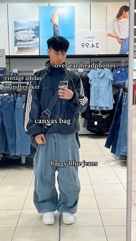 Windbreaker And Jeans Outfit, Jeans Outfit Men, Adidas Windbreaker, Jeans Outfit, Vintage Adidas, Retro Outfits, Baggy Jeans, Jean Outfits, Canvas Bag