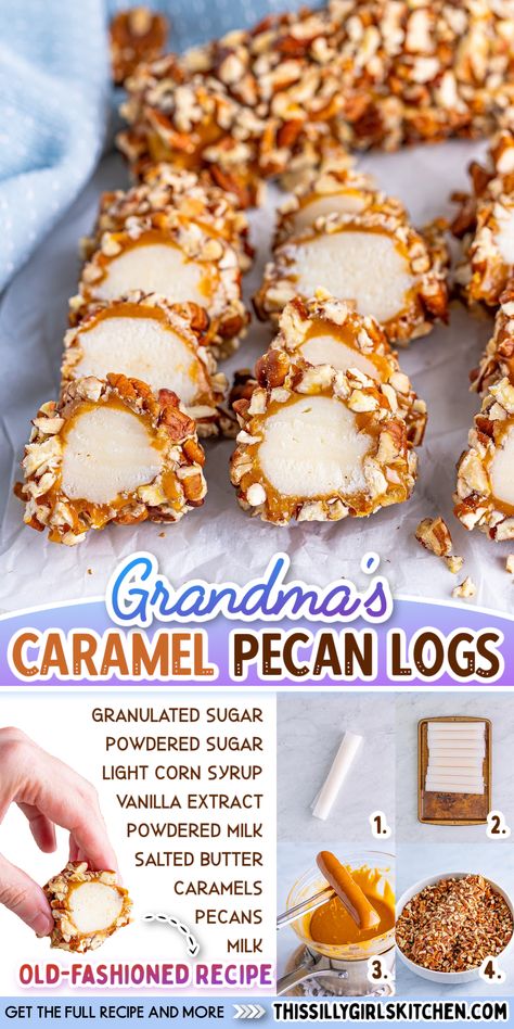 caramel pecan logs Pecan Rolls Candy, Pecan Logs Easy, Caramel Log Bars, How To Make Pecan Candy, Pecan Logs Roll Recipe, Pecan Log Recipe, Christmas Pecan Recipes, Snacks For Ladies Night Simple, Pecan Roll Candy Recipe