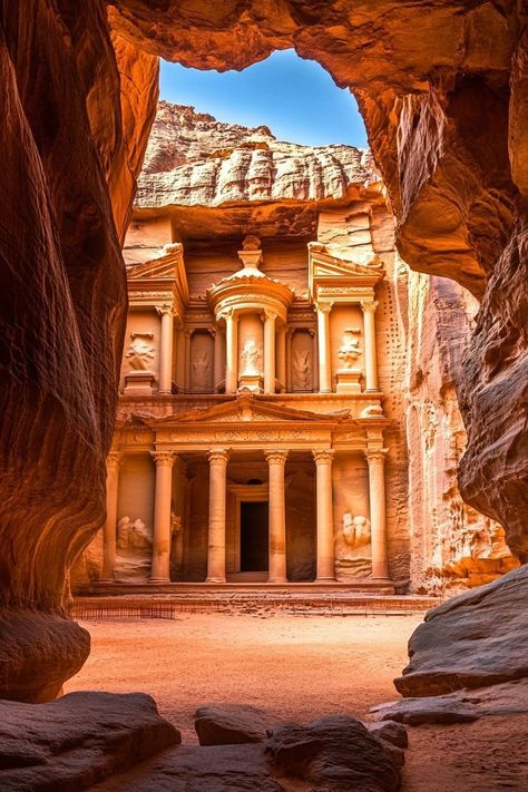 "Explore the rose-red city of Petra! 🏜️🌟 Marvel at the stunning rock-cut architecture and ancient history of Jordan’s most iconic site. 🏛️❤️ #Petra #Jordan #AncientWonders" Desert Ruins, Desert Temple, Wadi Rum Jordan, Frames Design Graphic, City Of Petra, Petra Jordan, Africa Destinations, Mysterious Places, Ancient India