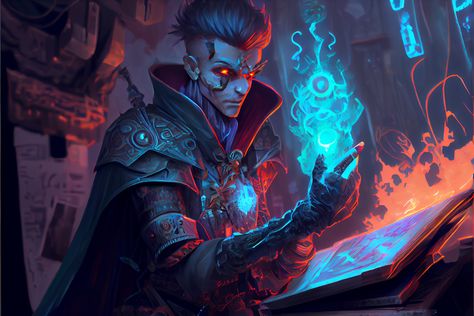 https://t.co/PhbAmzdgbD Cyberpunk Wizard, Cyberpunk Magic, Techno Wizard, Fantasy Classes, Sanctum Sanctorum, Book Character, Fantasy Illustration, Book Characters, The Conjuring