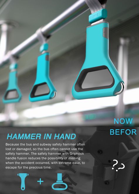 Hammer In Hand – Emergency Handle by Shi Qiang - The Hammer in Hand concept integrates a clever window-shattering hammer, which can be used in case of an emergency situation in a train or a bus. Read more at http://www.yankodesign.com/2013/12/04/this-hammer-will-hurt-em/#qHk3LzIGRc4l6vZD.99 Industrial Design Portfolio, Bus Interior, New Technology Gadgets, Industrial Design Sketch, Presentation Layout, Design Research, Yanko Design, Film Cameras, Universal Design