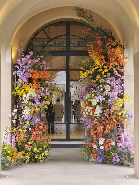 Floral Tunnel Entrance Wedding, Floral Arch Entrance, Floral Entrance Decor, Deconstructed Arch, Wedding Walkway, Wedding Gate, Floral Archway, Bright Wedding Flowers, Colorful Wedding Flowers