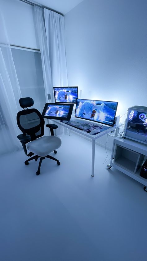 Sterile Aesthetic, White Setup, Cybercore Room, Futuristic Bedroom, Tech Room, Art Studio Room, Room Redesign, Gaming Room Setup, Studio Room