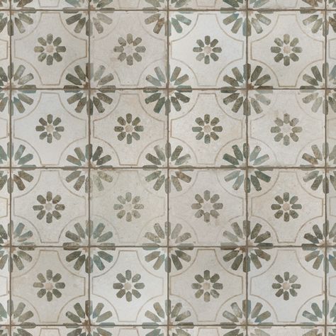 Modern and vintage design elements blend together to create our Kings Blume Encaustic 17-5/8 in. x 17-5/8 in. Sage Ceramic Floor and Wall Tile. Patterned Wall, Vintage Industrial Design, Gorgeous Tile, Merola Tile, Backsplash Tile, House Tiles, Square Tile, Ceramic Floor, Natural Stone Tile