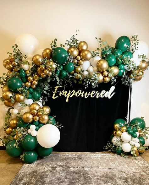 Bash Balloons on Instagram: “When @newtribechurch said they needed balloons for their new women’s event… we knew it had to be extra special! With a custom sign and…” Gold Chrome Balloons, Chrome Balloons, Grad Party Decorations, Gold Backdrop, Graduation Balloons, Garland Arch, Green Backdrops, Party Background, Balloon Decor