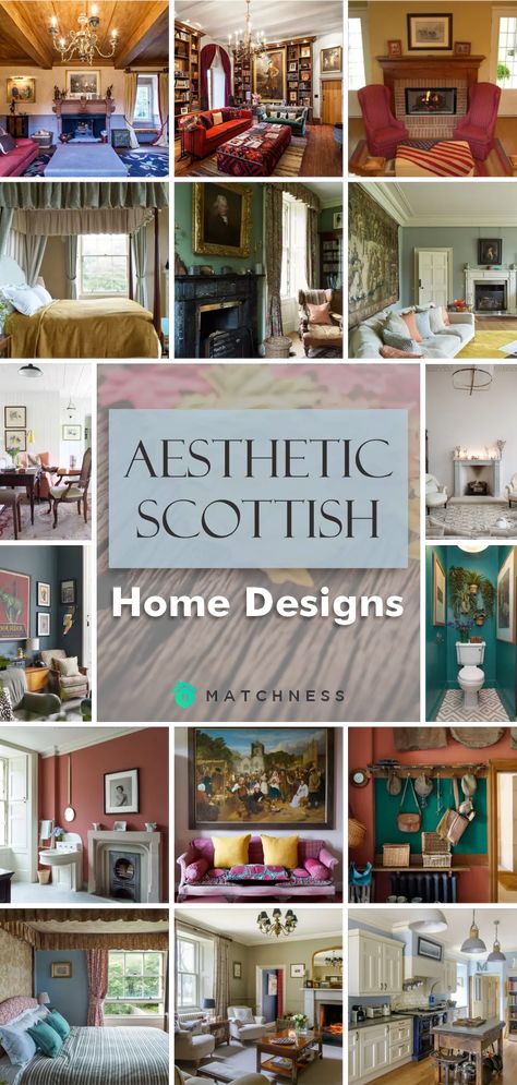 Aesthetic-scottish-home-designs1 Scotland Decor Interior Design, Scottish Style Bedroom, Scotland Homes Interior, English Lodge Decor, Scottish Living Room Ideas, Scottish Lodge Interior, Scottish Design Inspiration, Highland Cottage Scotland, Scottish Bedroom Decor