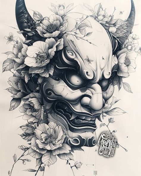 Japanese Oni Tattoo, Japanese Flowers Tattoo, Black And Grey Tattoo Design, Hannya Maske Tattoo, Calf Sleeve Tattoo, Hannya Maske, Samurai Mask Tattoo, Japanese Mask Tattoo, Oni Mask Tattoo