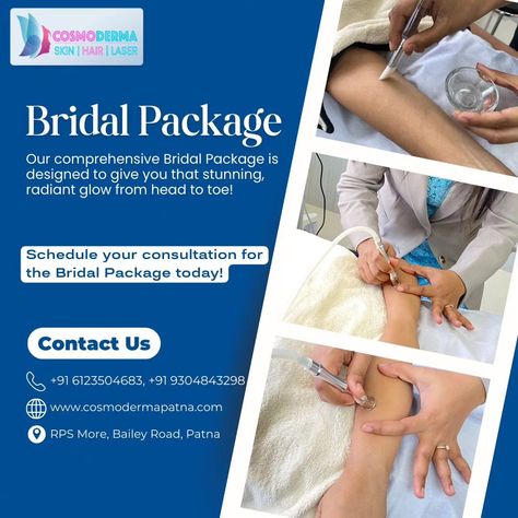 Get Ready to Shine on Your Big Day with Our Exclusive Bridal Package at Cosmoderma Patna! Every bride deserves to look and feel her absolute best on her wedding day. Our comprehensive Bridal Package is designed to give you that stunning, radiant glow from head to toe! 🔹 Our Bridal Package Includes: - Glowing Facials: Customized facials to give your skin a radiant, healthy glow. - Body Treatments: Exfoliation and hydration treatments for silky-smooth skin. - Personalized Skincare Plan: Tail... Skincare Plan, Bridal Packages, Body Treatments, Healthy Glow, Shine On, To Shine, Smooth Skin, Get Ready, Big Day