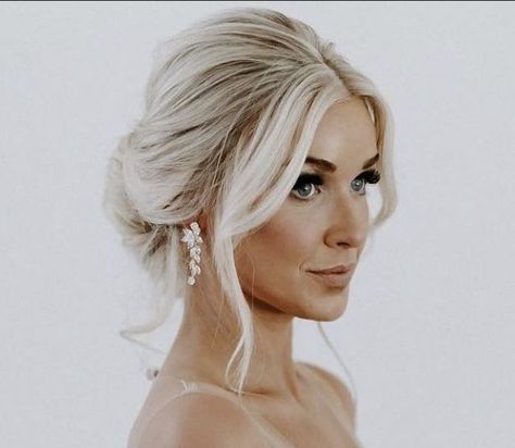 Wedding Updo With Front Pieces, Bridesmaids Hair Low Bun, Bridal Hair With Dress, Bride Blonde Hairstyles, Wedding Simple Updo Brides, Low Bun Wedding Hair Veil, Low Messy Bun Wedding Hair With Veil, Timeless Wedding Hair Up Dos, Loose Updo Bridesmaid