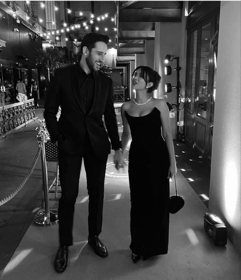 Black Suit And Black Dress Couple, Couple Elegant Poses, Couples Classy Outfits, Couples All Black Outfit, Gentleman Aesthetic Couple, Formal Couple Pictures, Business Couple Aesthetic, Couple Night Out Aesthetic, Classy Couple Aesthetic